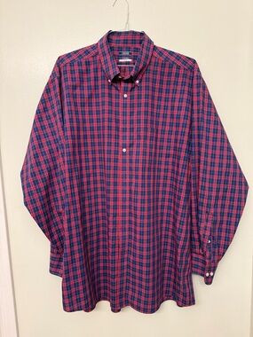 Izod Red and Navy Plaid Button-Down Tall Fit Shirt